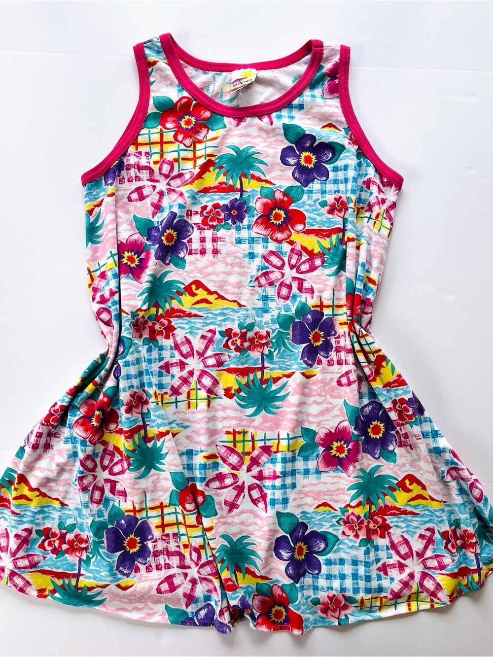 Vintage 90s Beach Coverup Floral Plaid Tropical Soft Cotton Sleeveless Ringer L
